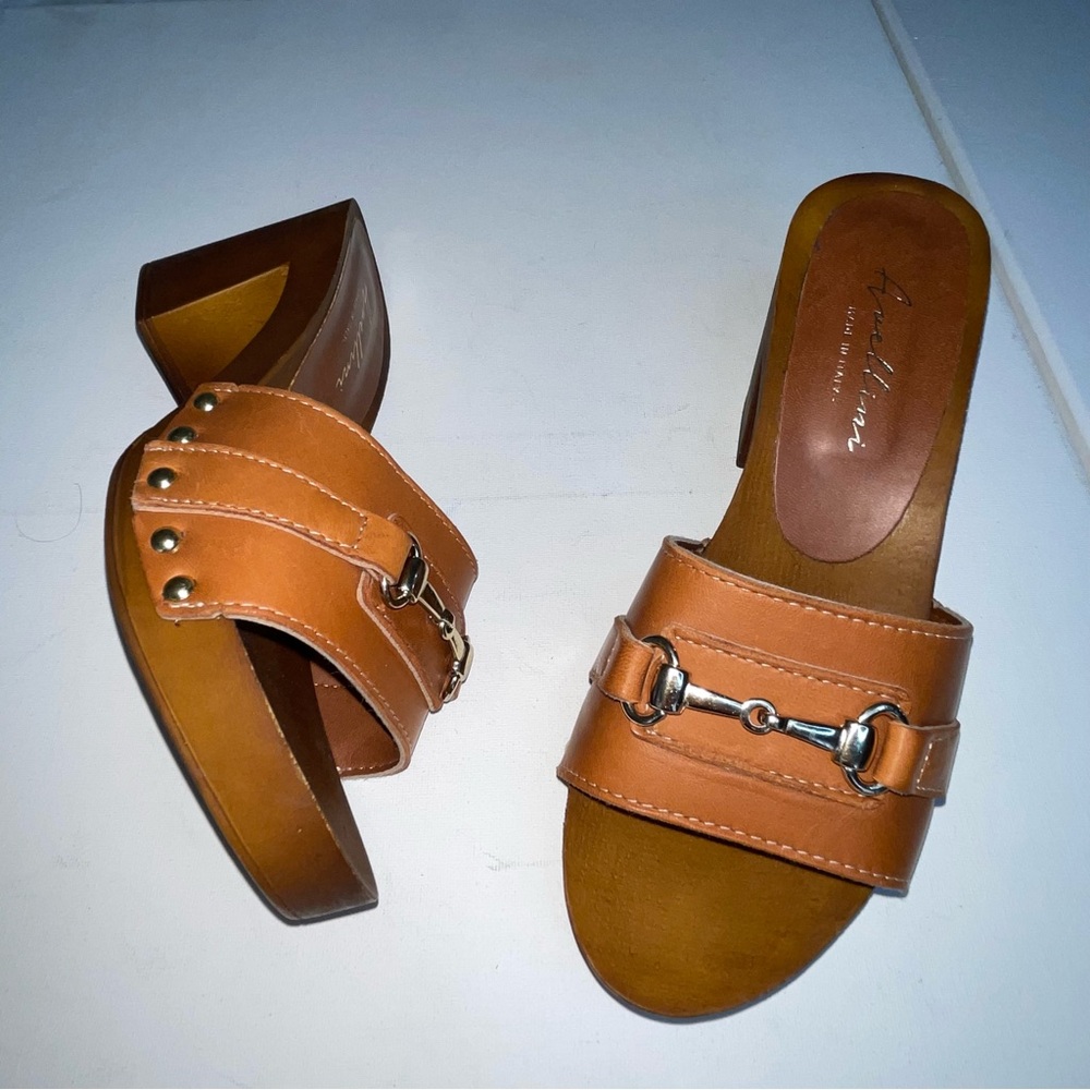 Avellini Wooden& Leather Heels Made In Italy‎ Women's Tan Mules
